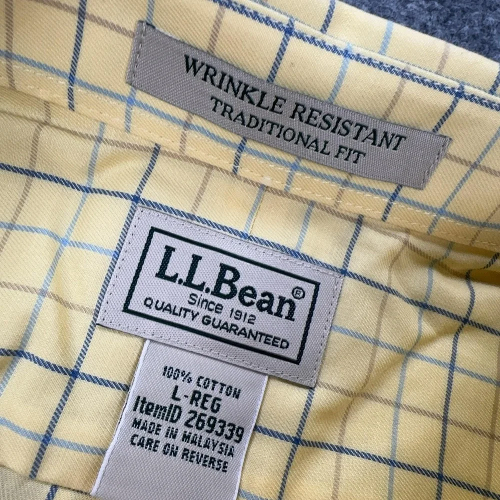 L.L. Bean Shirt Mens L Yellow Check Wrinkle Resistant Short Sleeve Button Down